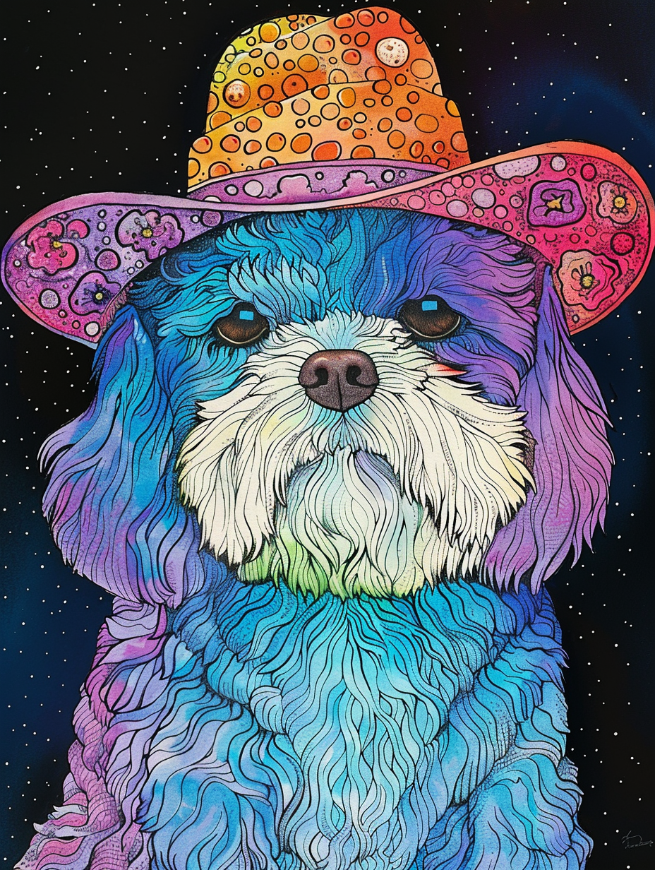 Colorful space Shih Tzu dog with a hat Expressive surreal Poster # F025063