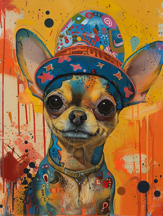 Colorful space Chihuahua dog with a hat Expressive surreal Poster # F025131
