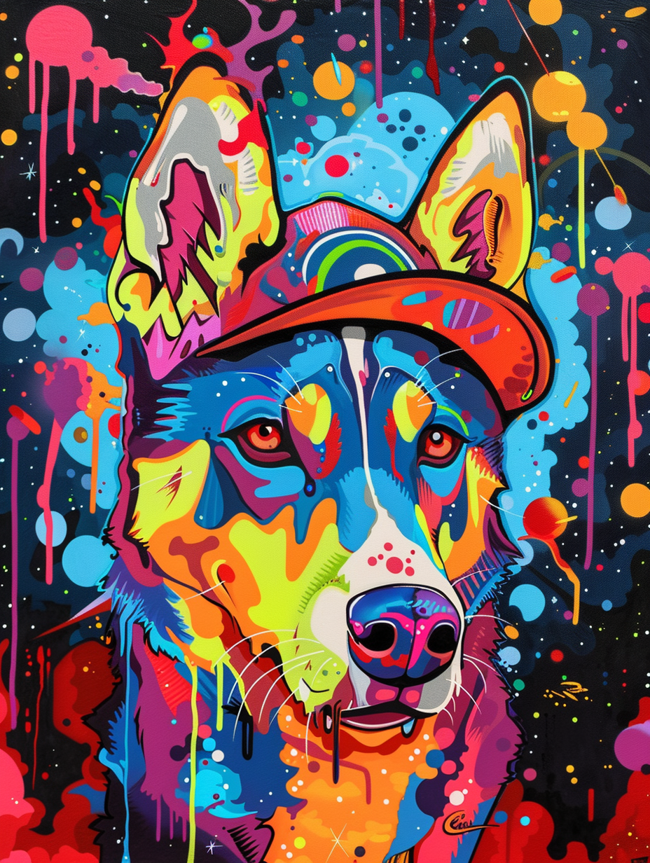 Colorful space Siberian Husky dog with a hat Expressive surreal Poster # F025460