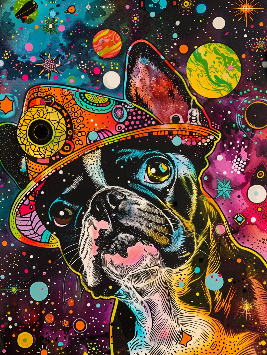 Colorful space Boston Terrier dog with a hat Expressive surreal Poster # F024415
