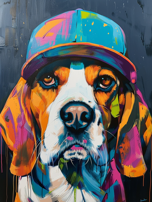 colorful space Beagle dog with a hat Expressive surreal Poster # F025413