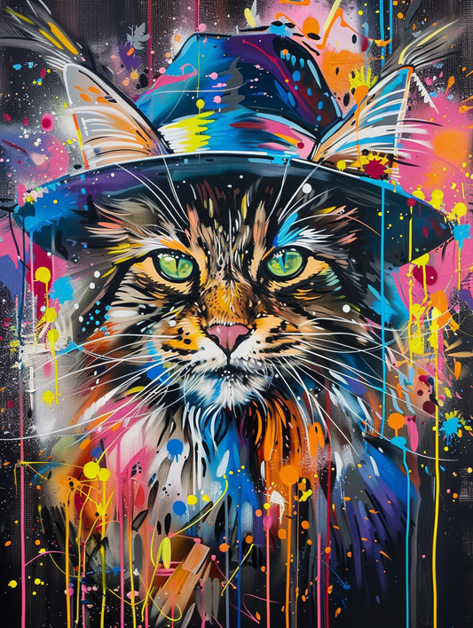 colorful space Maine Coon cat with a hat Expressive surreal Poster # F025259