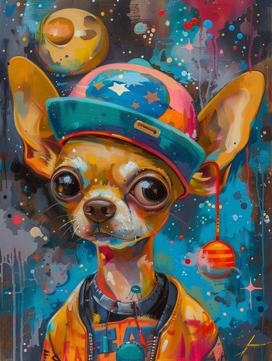 Colorful space Chihuahua dog with a hat Expressive surreal Poster # F025487