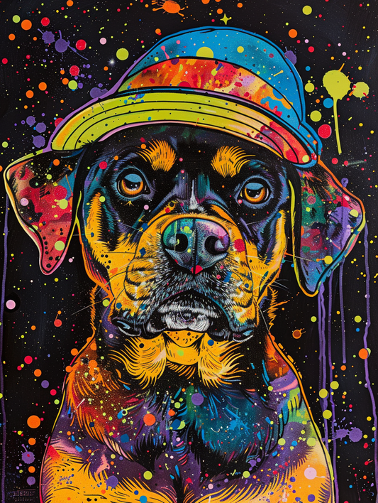 Colorful space Rottweiler dog with a hat Expressive surreal Poster # F025068
