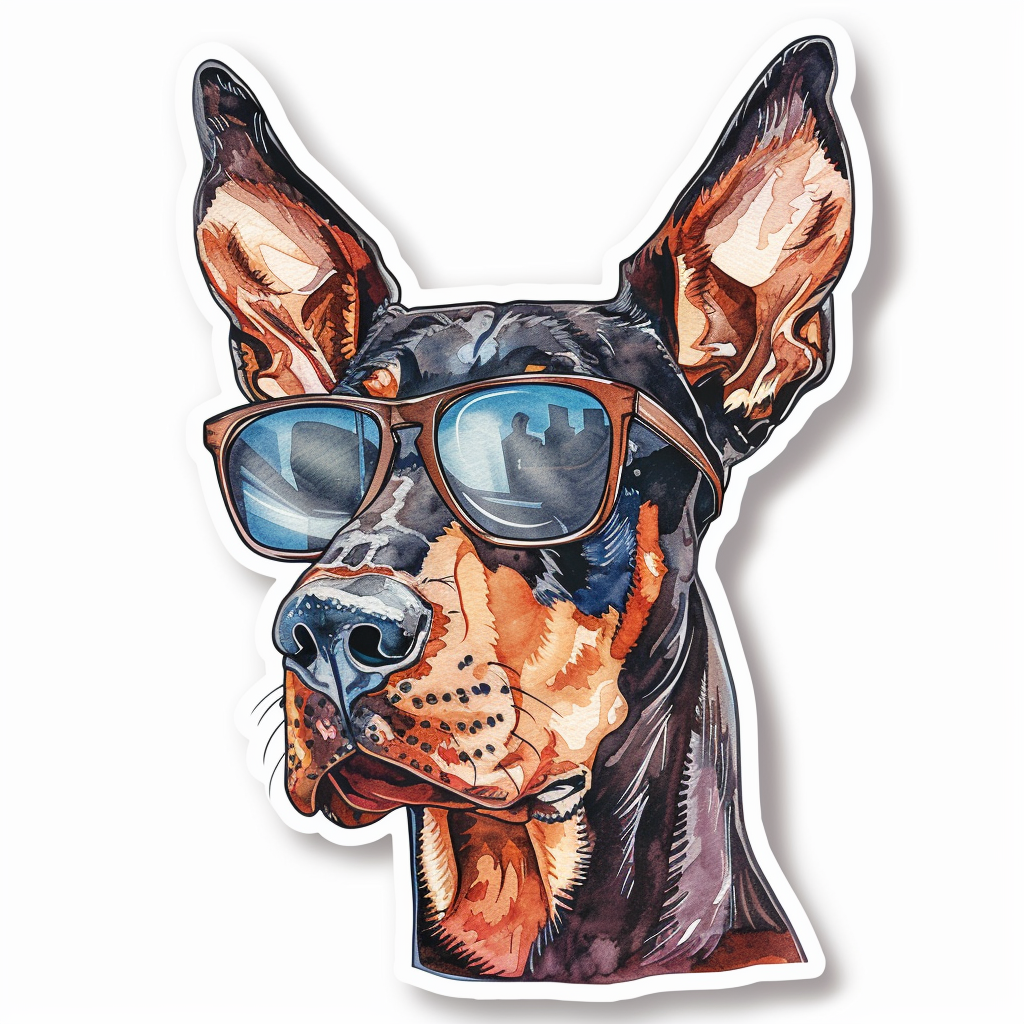 Sticker of a Doberman Pinscher Dog wearing sunglasses Expressive surreal Vinyl Decal Sticker for Car, Laptop, Tumbler and more # F019183
