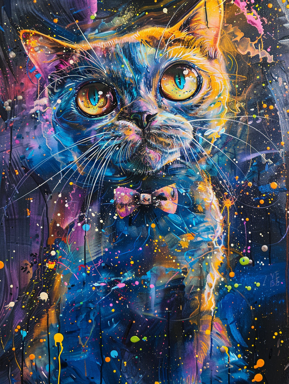 Colorful space Scottish Fold cat with a bow tie Expressive surreal Poster # F024311