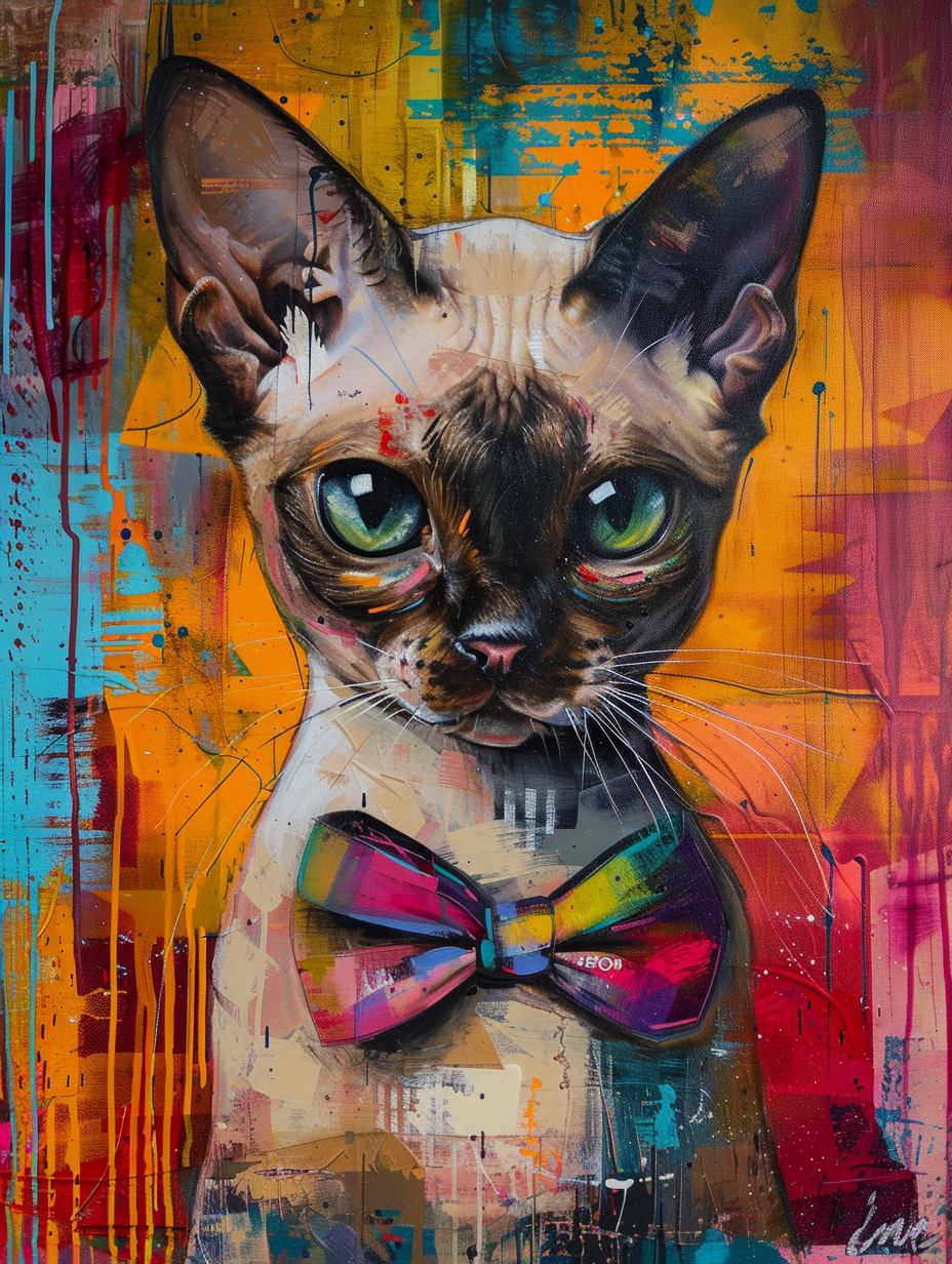 Colorful space Burmese cat with a bow tie Expressive surreal Poster # F024331