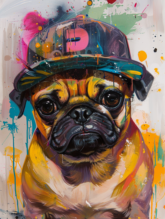 Colorful space Pug dog with a hat Expressive surreal Poster # F025493