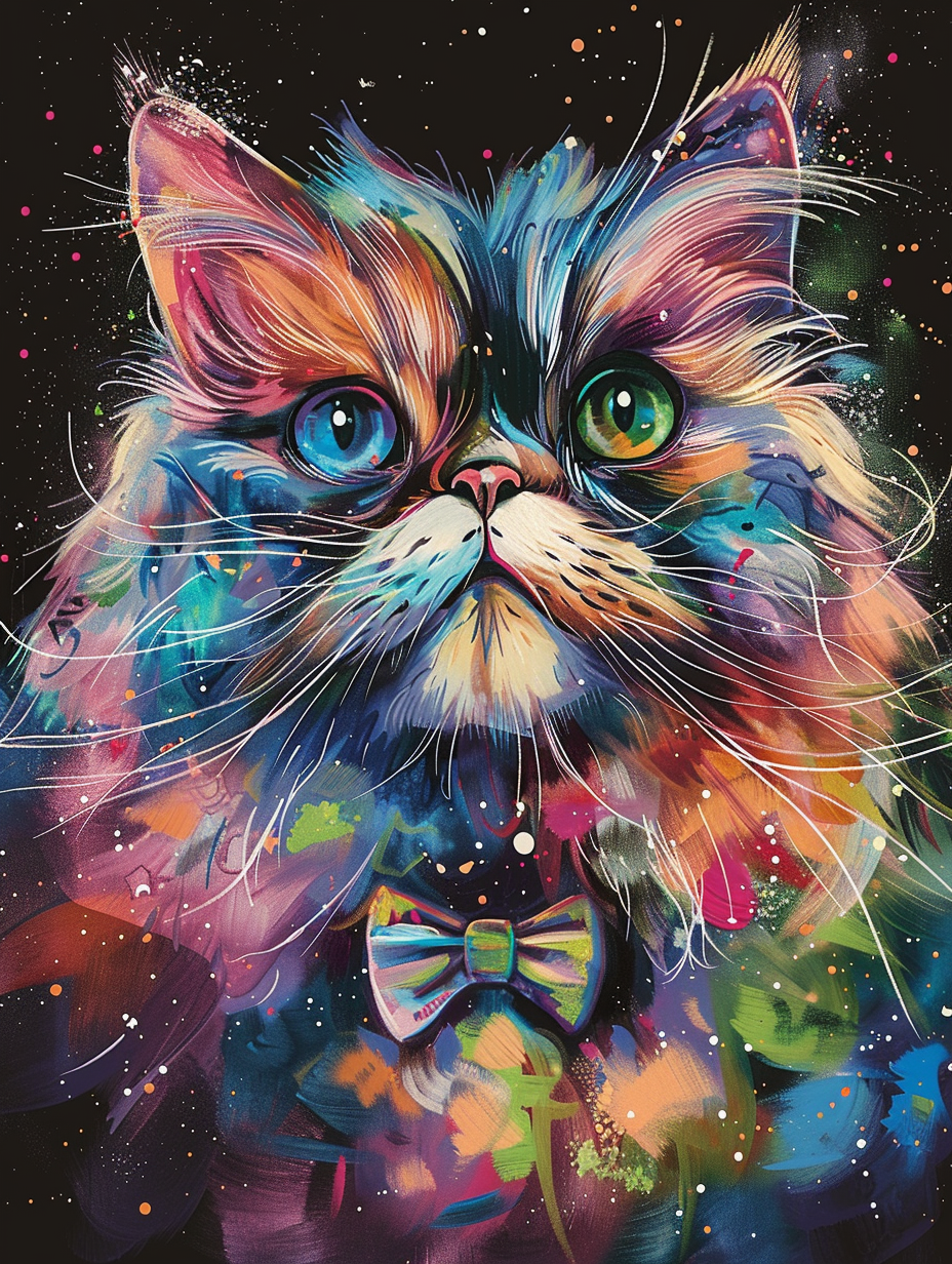Colorful space Persian cat with a bow tie Expressive surreal Poster # F024698