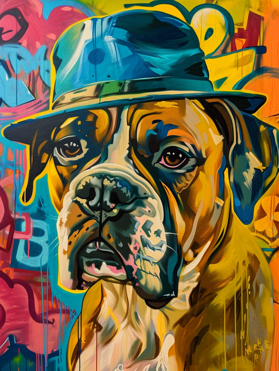 Colorful space Boxer dog with a hat Expressive surreal Poster # F025468