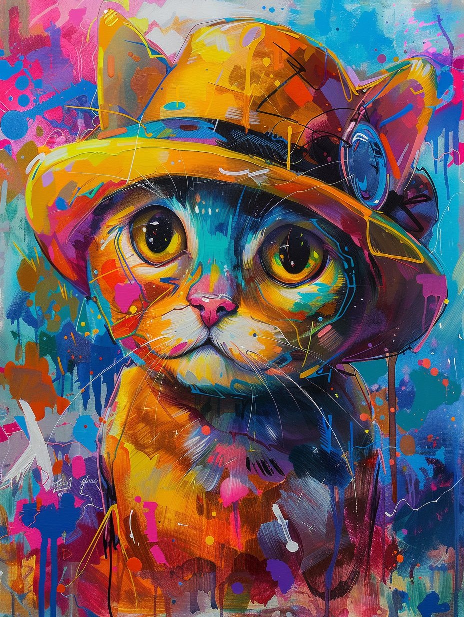 colorful space Scottish Fold cat with a hat Expressive surreal Poster # F024650
