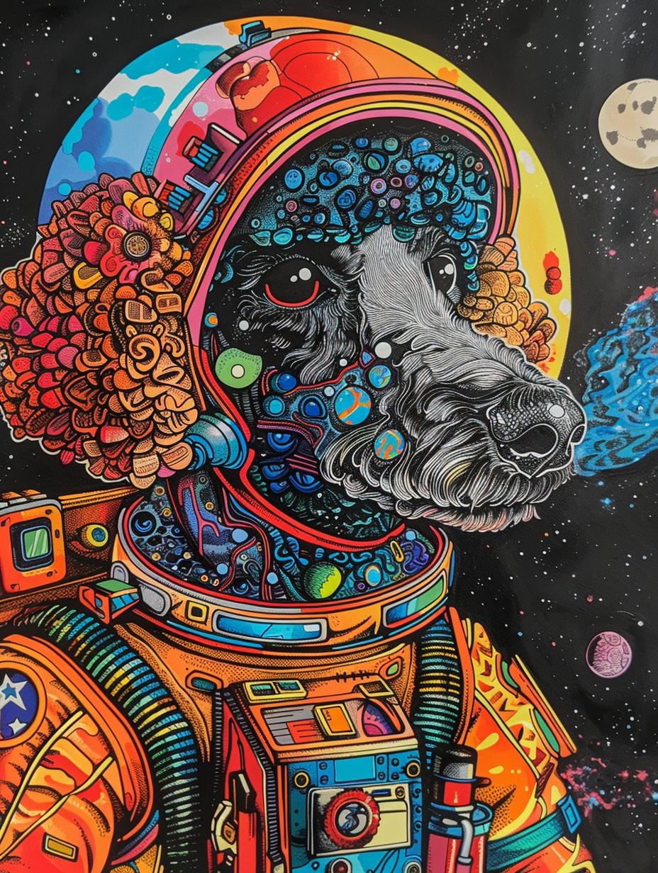Colorful space Poodle dog with a hat Expressive surreal Poster # F025613