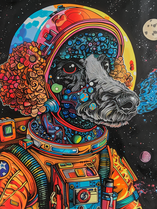 Colorful space Poodle dog with a hat Expressive surreal Poster # F025613