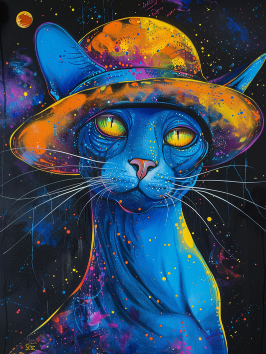 colorful space Russian Blue cat with a hat Expressive surreal Poster # F025222