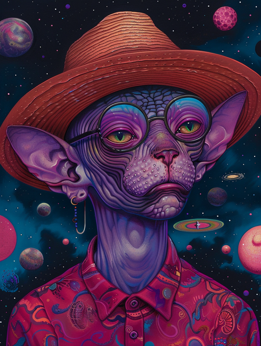 Colorful space Devon Rex cat with a hat Expressive surreal Poster # F025236