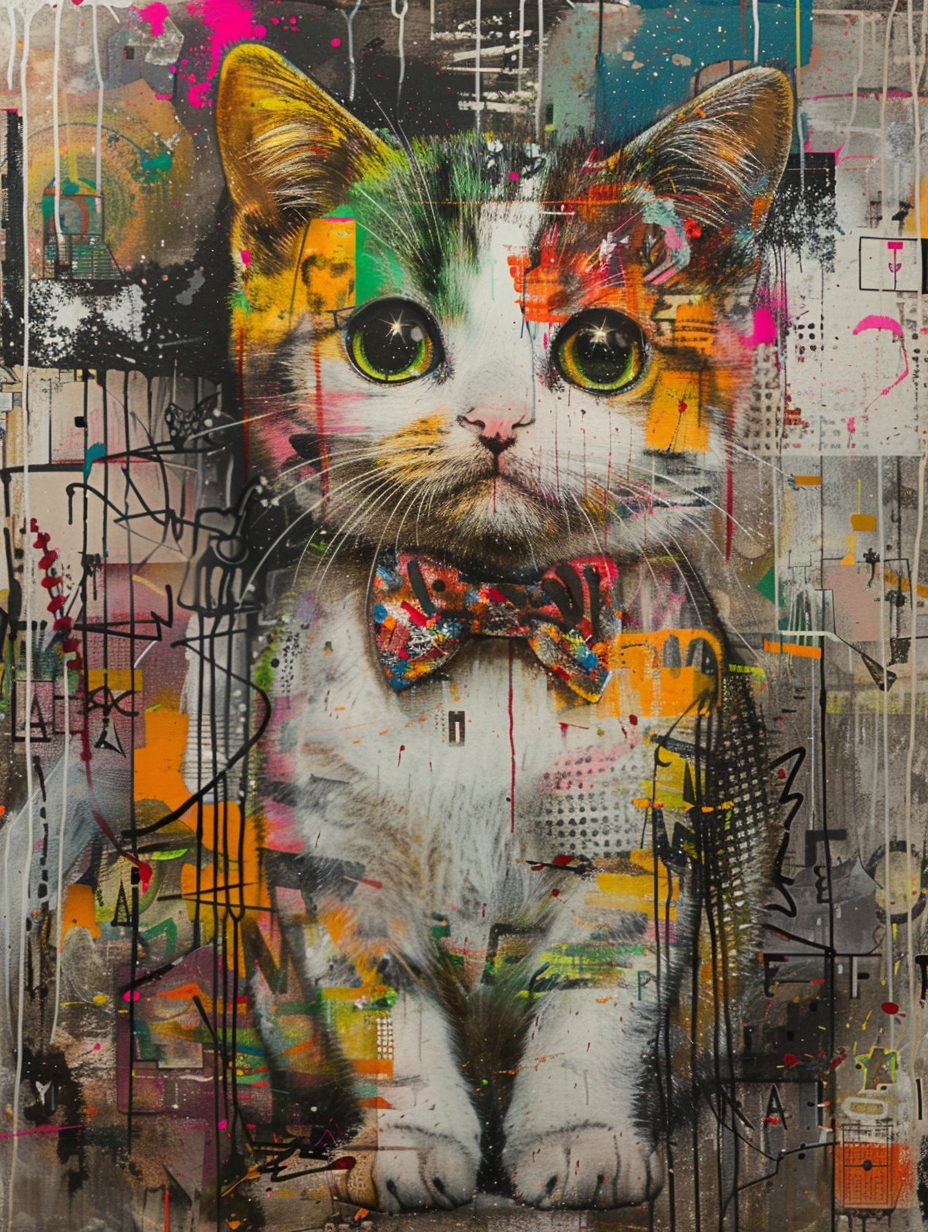 Colorful space Scottish Fold cat with a bow tie Expressive surreal Poster # F024368