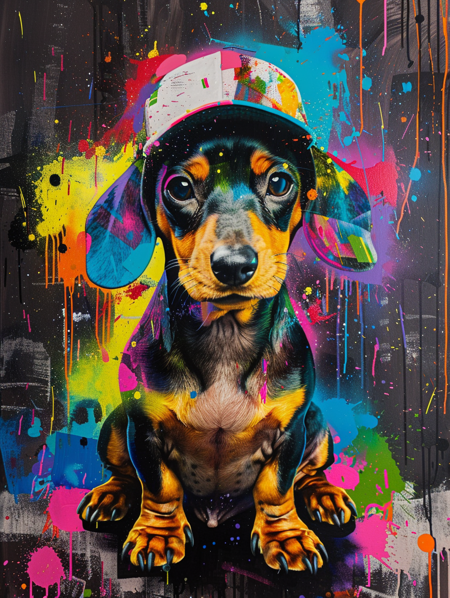 Colorful space Dachshund dog with a hat - Expressive surreal Poster # F025462