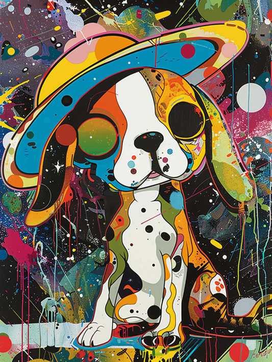 Colorful space Beagle dog with a hat Expressive surreal Poster # F024912