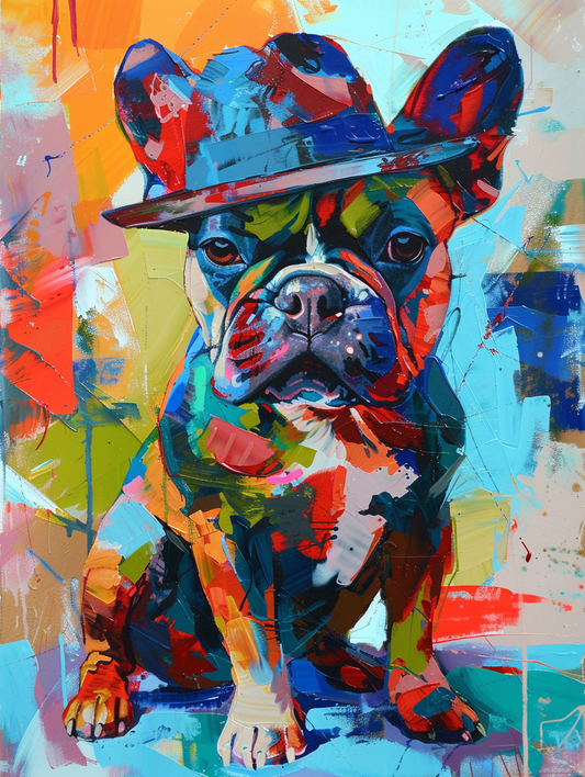 Colorful space Bulldog dog with a hat Expressive surreal Poster # F024526