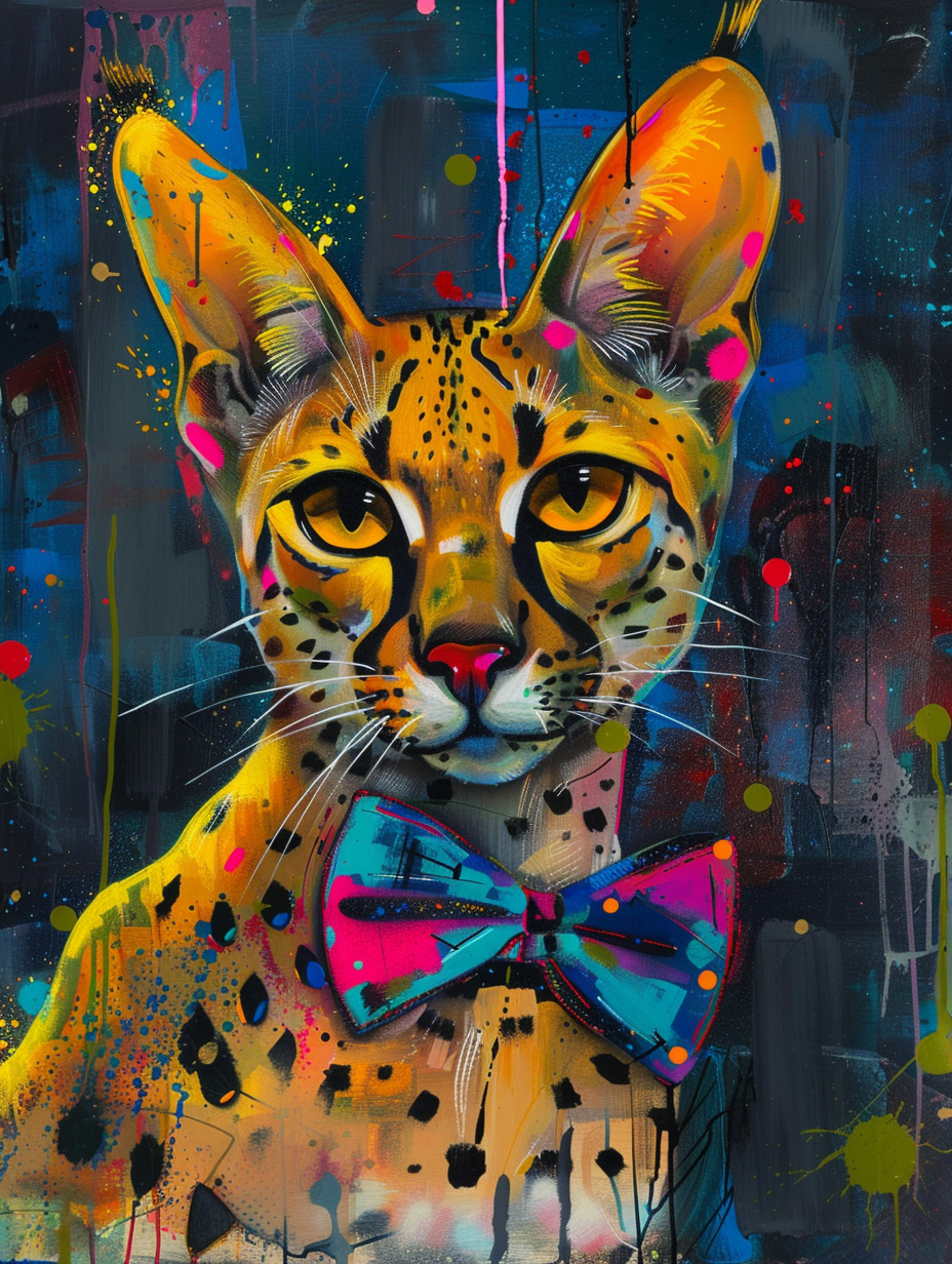 Colorful space Savannah cat with a bow tie Expressive surreal Poster # F024370