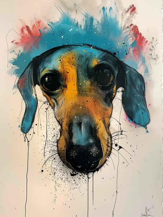 Colorful space Dachshund dog with a hat Expressive surreal Poster # F024578