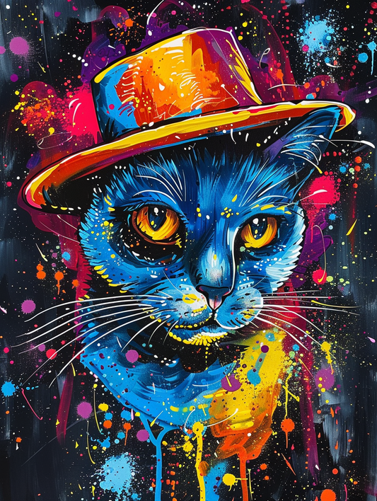 colorful space Russian Blue cat with a hat Expressive surreal Poster # F025348