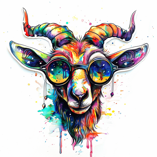 Goat wearing sunglasses Expressive surreal Vinyl Decal Sticker for Car, Laptop, Tumbler and more # F020436-4" x 4"