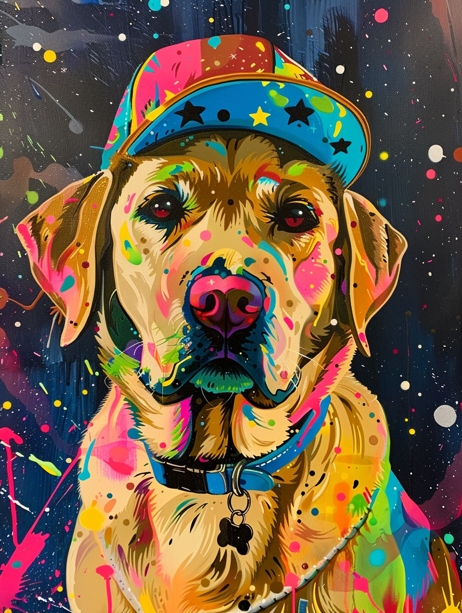 colorful space Labrador Retriever dog with a hat Expressive surreal Poster # F025388