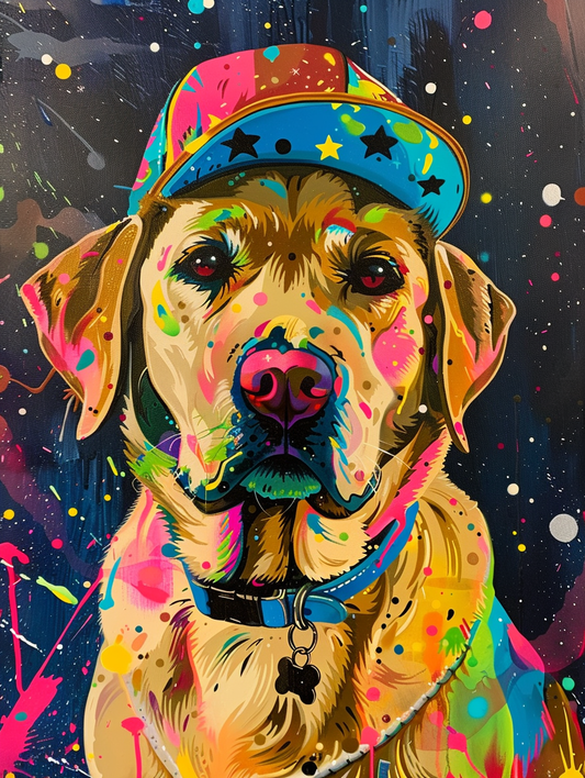 colorful space Labrador Retriever dog with a hat Expressive surreal Poster # F025388