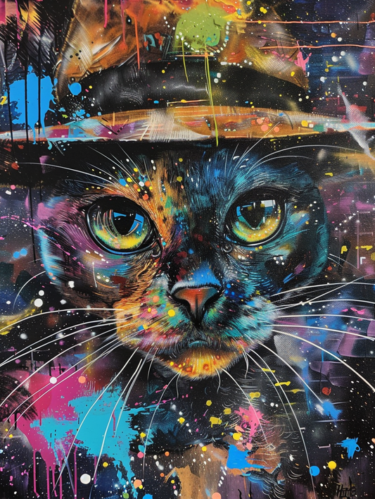 Colorful space Siamese cat with a bow tie Expressive surreal Poster # F024641