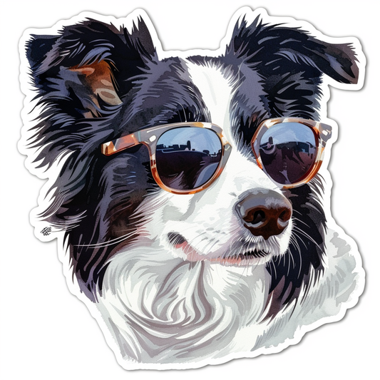 Border Collie Dog wearing sunglasses Expressive surreal Vinyl Decal Sticker for Car, Laptop, Tumbler and more # F021683-4" x 4"