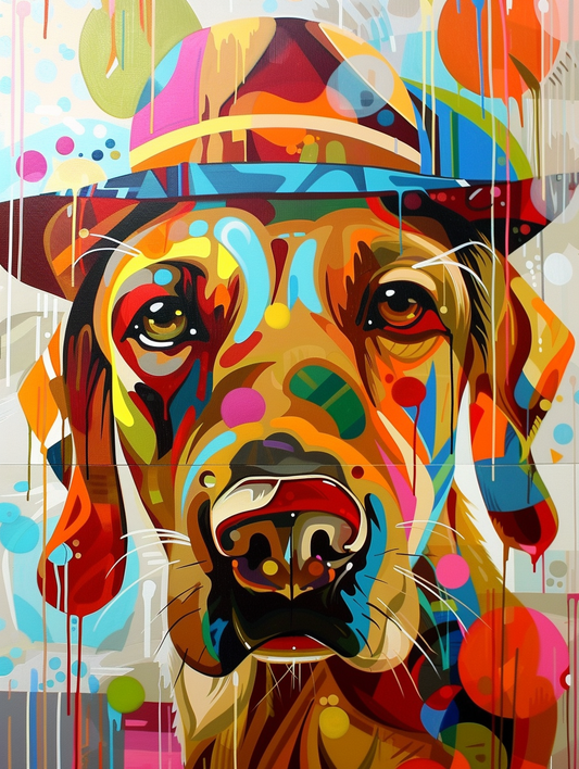 colorful space Golden Retriever dog with a hat Expressive surreal Poster # F025192