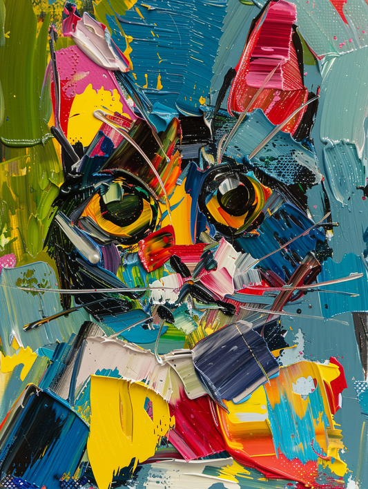 Colorful space American Shorthair cat with a bow Expressive surreal Poster # F024358