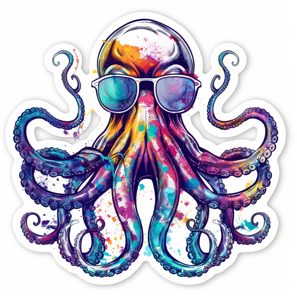 Sticker of a Octopus wearing sunglasses majestic Expressive surreal Vinyl Decal Sticker for Car, Laptop, Tumbler and more # F015387