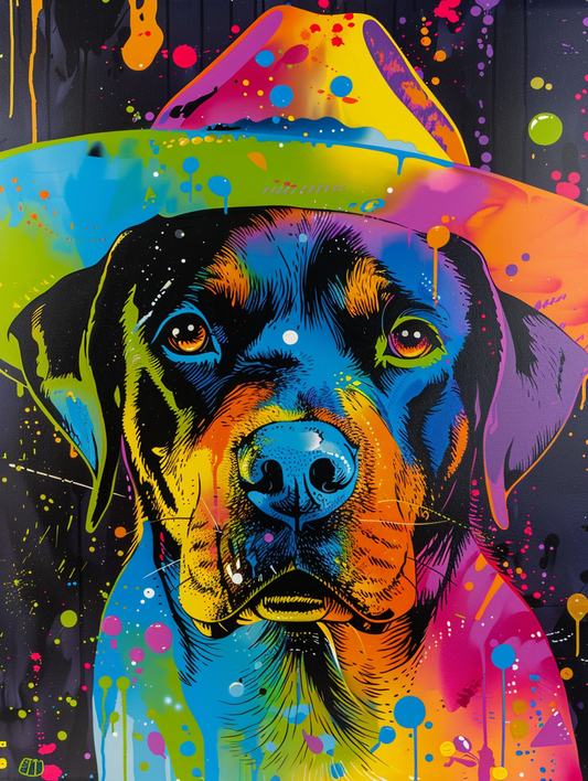 Colorful space Rottweiler dog with a hat Expressive surreal Poster # F025097