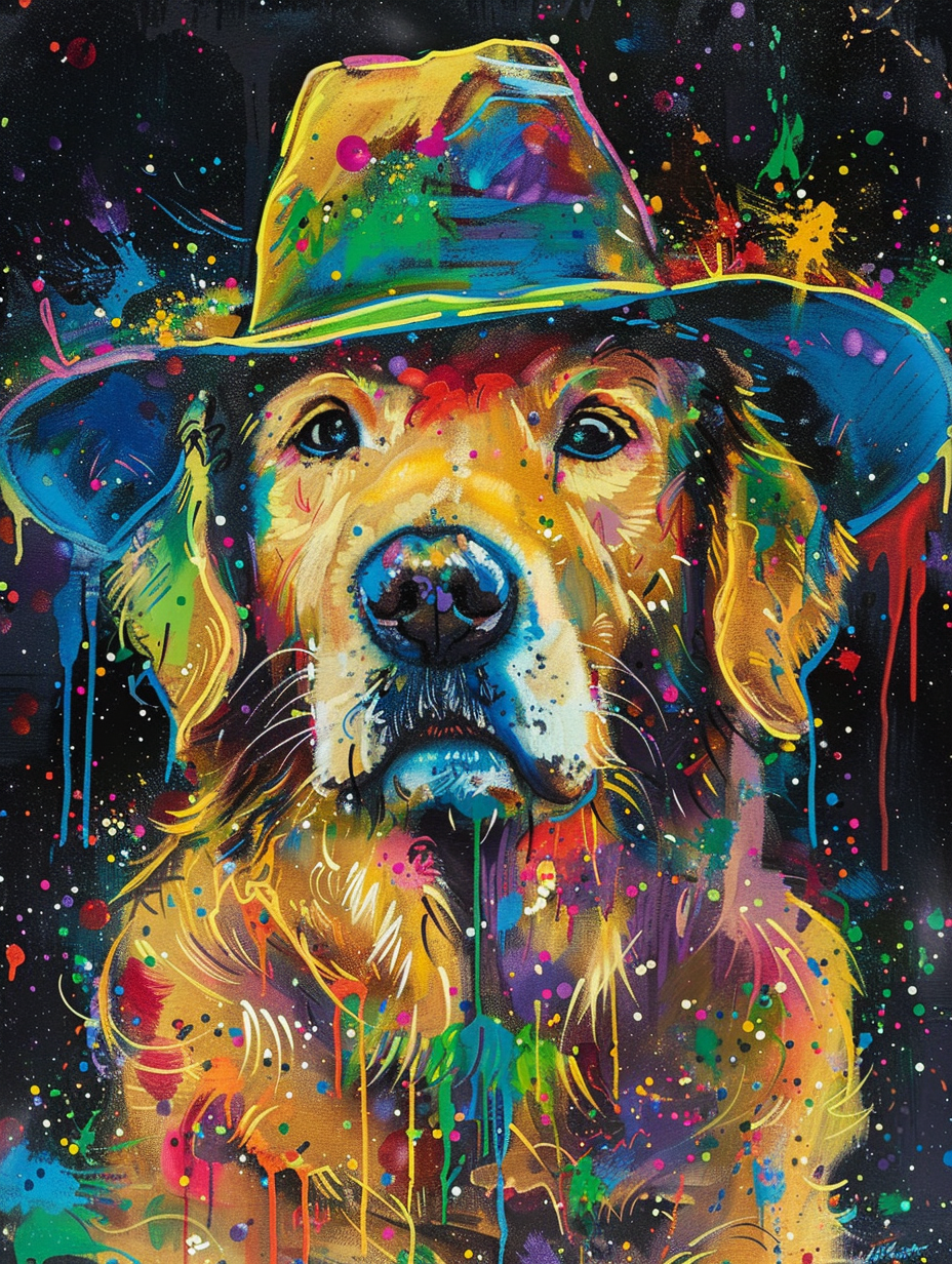 Colorful space Golden Retriever dog with a hat Expressive surreal Poster # F025566