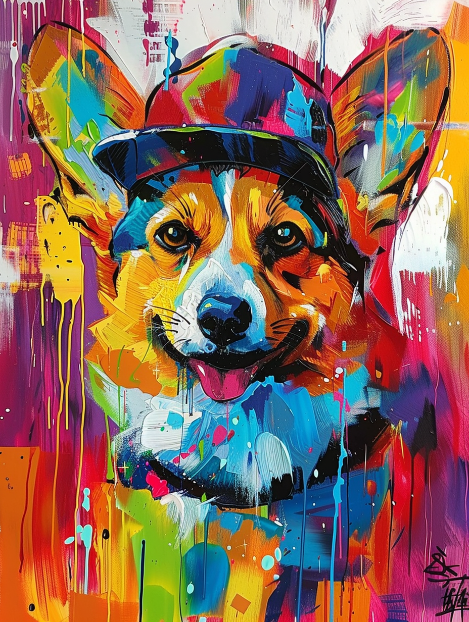 Colorful space Pembroke Welsh Corgi dog with a hat Expressive surreal Poster # F024468