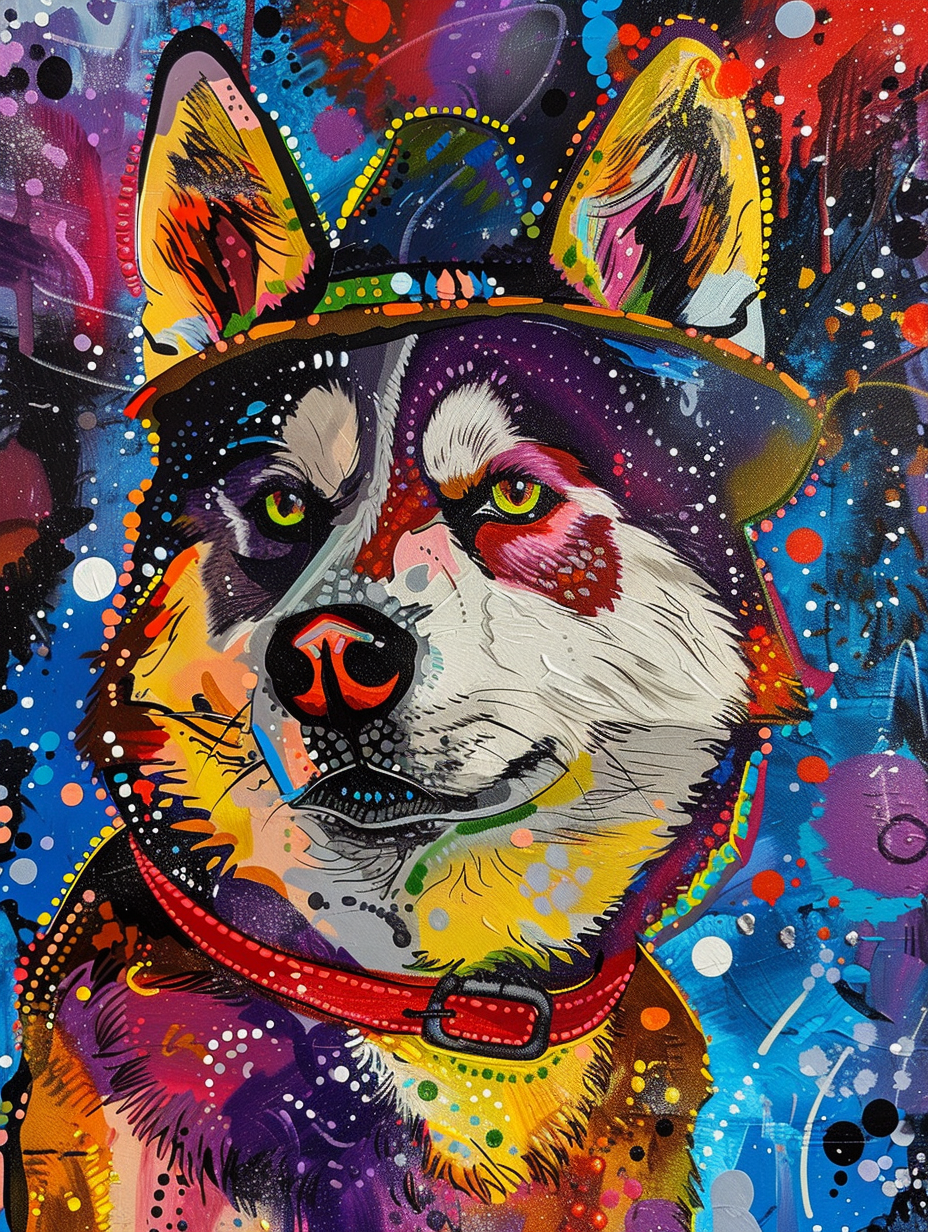 Colorful space Siberian Husky dog with a hat Expressive surreal Poster # F025109