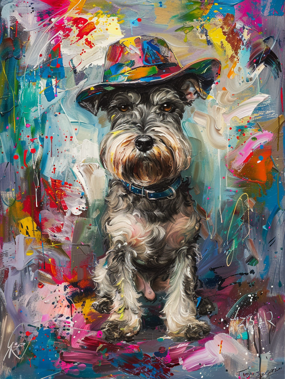 colorful space Miniature Schnauzer dog with a hat Expressive surreal Poster # F025529