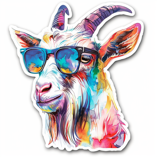 Goat wearing sunglasses Expressive surreal Vinyl Decal Sticker for Car, Laptop, Tumbler and more # F020429-4" x 4"