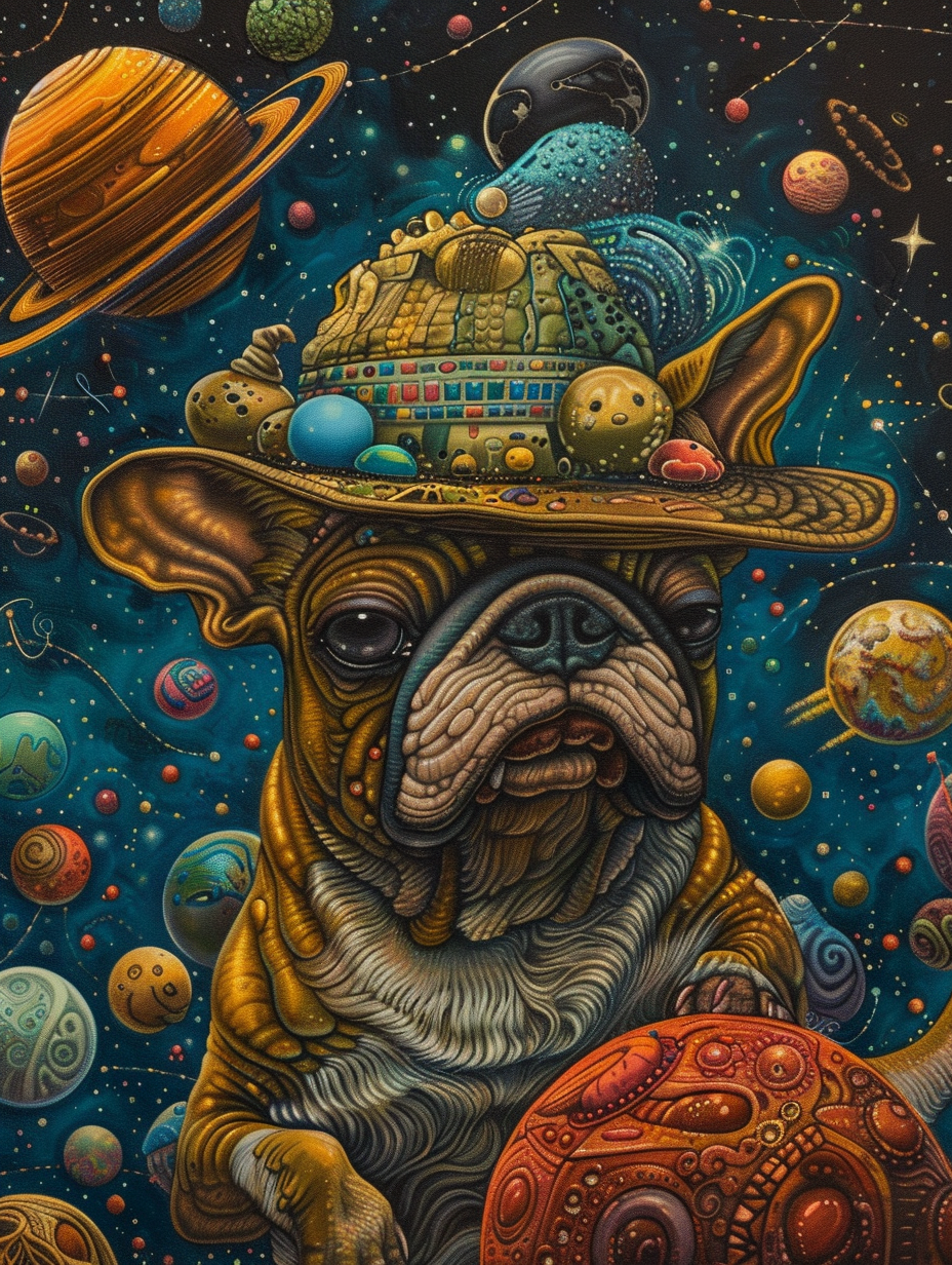 Colorful space Bulldog dog with a hat Expressive surreal Poster # F025029