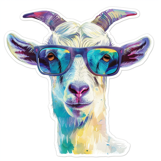 Goat wearing sunglasses Expressive surreal Vinyl Decal Sticker for Car, Laptop, Tumbler and more # F020410-4" x 4"
