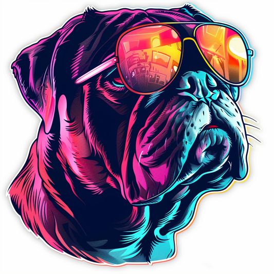 Bulldog Cool Neon Party in sunglasses Expressive surreal Vinyl Decal Sticker for Car, Laptop, Tumbler and more # F018050
