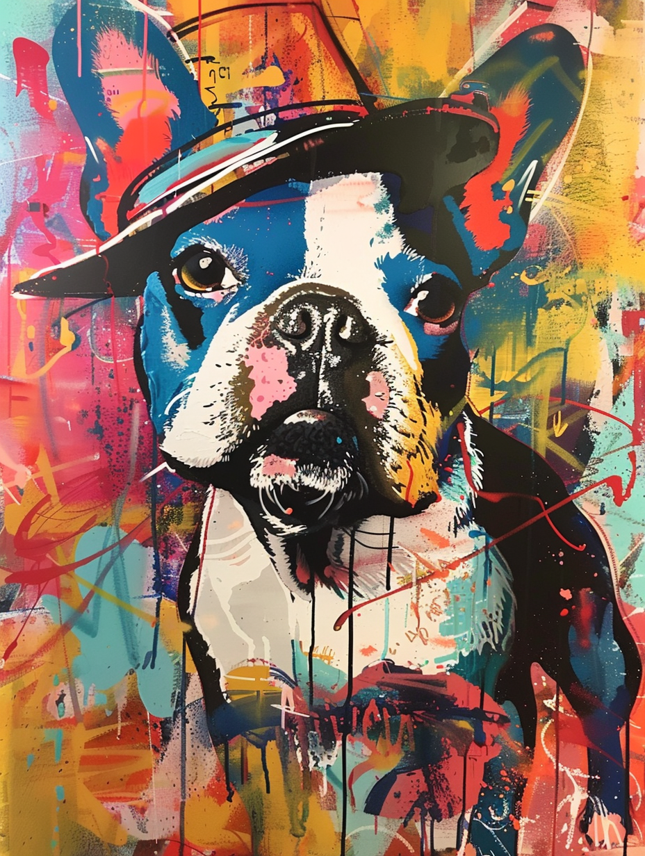 Colorful space Boston Terrier dog with a hat Expressive surreal Poster # F024438