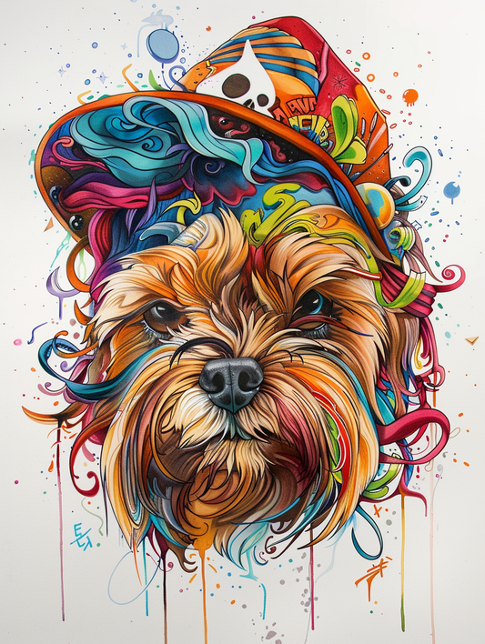 Colorful space Yorkshire Terrier dog with a hat Expressive surreal Poster # F024957