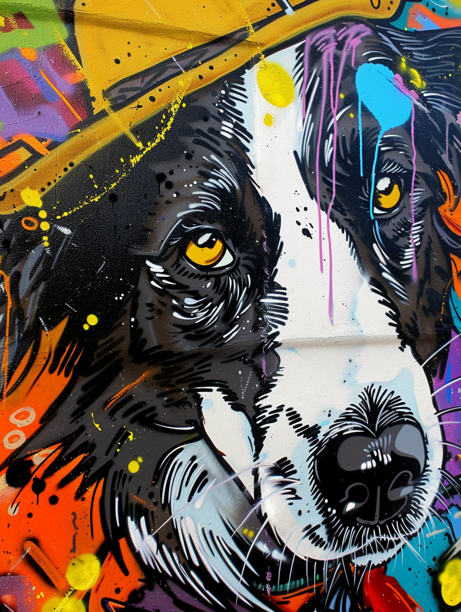 Colorful space Border Collie dog with a hat Expressive surreal Poster # F025499