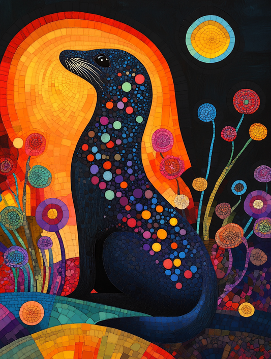 The silhouette of a sea lion with an abstract colo Expressive surreal Poster # F024858