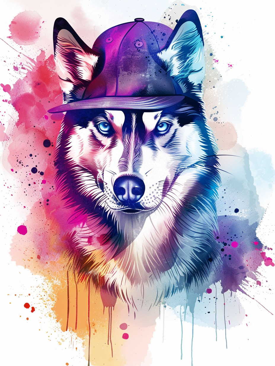 Colorful space Siberian Husky dog with a hat Expressive surreal Poster # F024965