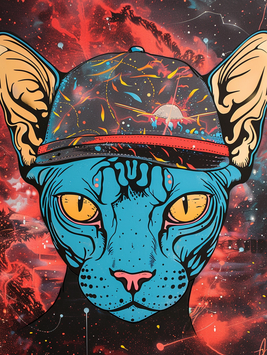 Colorful space Sphynx cat with a hat Expressive surreal Poster # F025317