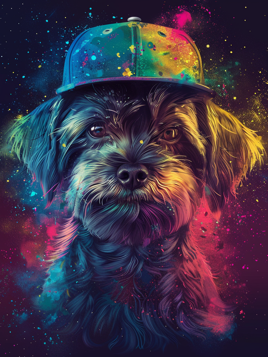Colorful space Yorkshire Terrier dog with a hat Expressive surreal Poster # F025448